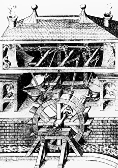 Water wheel powering bellows at a furnace Water wheel powering bellows at a furnace