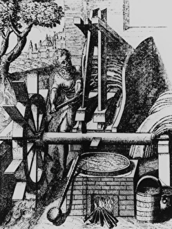 Water wheel powering a machine for making cloth Water wheel powering a machine for making cloth