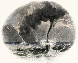 Prints of Waterspouts close to a ship, historical artwork. Waterspouts form where a tornado touches down on water, instead of land Images Dated 2005 August: Waterspouts close to a ship, 19th century Print