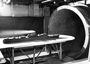 Prints of Wind tunnel ship testing. This is a model of a liner being tested in an open jet wind tunnel. Photographed in 1952, in the Aerodynamics Division of the National Physical Laboratory, Teddington, UK Images Dated 2008 September: Wind Tunnel Ship Testing Print - 1952