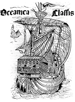 Woodcut illustration showing Columbus ship Woodcut illustration showing Columbus ship
