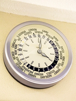 Prints of World clock. Clock displaying the local time in cities in different countries. Photographed in the United Nations Office at Geneva (UNOG), Switzerland Images Dated 2007 May: World Clock Print, displaying local times in various cities