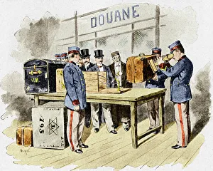 Prints of X-ray security machine. Historical artwork of a fluoroscope being used in a late 19th-century French customs hall Images Dated 2006 December: 1900 Print of X-ray Security Machine