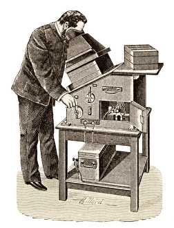 Prints of X-ray viewing machine. Historical artwork of the fluoroscope designed and built by the French inventor Eugene Ducretet (1844-1915) Images Dated 2006 August: 1895 X-ray Viewing Machine Print