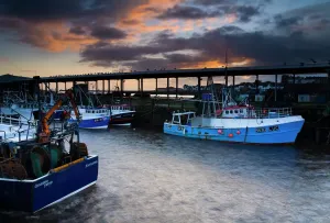 Prints of England, Tyne and Wear, North Shields. Dawn at the North Shields Fish Quay near the mouth of the River Tyne River Prints: North Shields Fish Quay Print