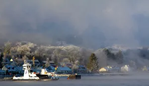 Scotland, Scottish Highlands, Corran. The Corran ferry port with hoarfrost covered woodland behind Scotland, Scottish Highlands, Corran. The Corran ferry port with hoarfrost covered woodland behind