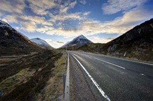 A82 trunk road heading across Rannoch Moor towards Glencoe with snow-covered mountains in distance A82 trunk road heading across Rannoch Moor towards Glencoe with snow-covered mountains in distance