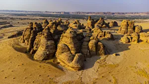 Aerial of beautiful rock formations in the Madain Saleh (Hegra) (Al Hijr), Al Ula Aerial of beautiful rock formations in the Madain Saleh (Hegra) (Al Hijr), Al Ula