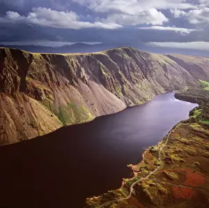 Prints of Aerial image of Wastwater Screes and Wast Water (Wastwater), the deepest lake in England, a good example of a glacially over-deepened valley, Wasdale Valley, Lake District National Park, Cumbria Lake Prints: Wastwater Print: England's Deepest Lake