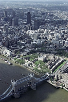 Aerial of Tower Bridge, Tower of London and the City of London, London Aerial of Tower Bridge, Tower of London and the City of London, London