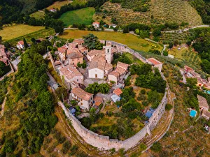 Aerial view of Campello Alto, Campello sul Clitunno, Perugia, Umbria, Italy, Europe Aerial view of Campello Alto, Campello sul Clitunno, Perugia, Umbria, Italy, Europe