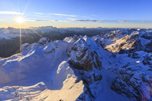Aerial view of Catinaccio Group at sunset, Sciliar Natural Park, Dolomites Aerial view of Catinaccio Group at sunset, Sciliar Natural Park, Dolomites