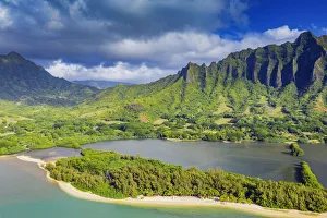 Aerial view by drone of Kaneohe Bay, Oahu Island, Hawaii, United States of America Aerial view by drone of Kaneohe Bay, Oahu Island, Hawaii, United States of America