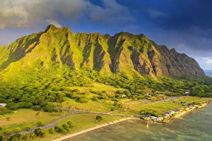 Aerial view by drone of Kaneohe Bay sea cliffs, Oahu Island, Hawaii Aerial view by drone of Kaneohe Bay sea cliffs, Oahu Island, Hawaii