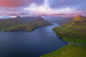 Denmark Collection: Aerial view of the fjord at sunrise, Funningur, Eysturoy island, Faroe islands, Denmark, Europe