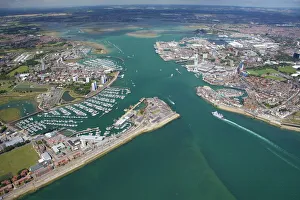 Prints of Aerial view of Portsmouth harbour and the Solent, Hampshire, England, United Kingdom, Europe Aerial View Prints: Aerial View of Portsmouth Harbour Print, Hampshire, UK