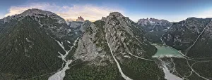 Aerial view of Tre Cime Di Lavaredo, Lake Landro and Monte Cristallo at sunset, Dolomites Aerial view of Tre Cime Di Lavaredo, Lake Landro and Monte Cristallo at sunset, Dolomites