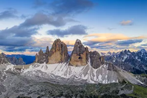 Aerial view of Tre Cime di Lavaredo and Grava Longa lakes at sunset Aerial view of Tre Cime di Lavaredo and Grava Longa lakes at sunset