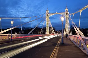 Prints of Albert Bridge at night, Chelsea, London, England, United Kingdom, Europe Bridge Prints: Albert Bridge at Night Print, Chelsea, London