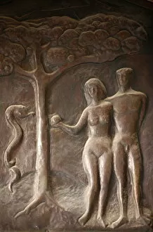 Images Dated 20th May 2000: Annunciation Basilica door sculpture depicting Adam and Eve, Nazareth, Galilee, Israel