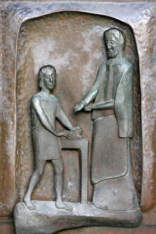Images Dated 20th May 2000: Annunciation Basilica door sculpture of Jesus and Joseph, Nazareth, Galilee, Israel