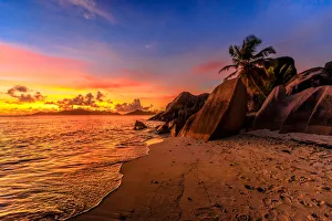Seychelles Beaches Prints: Anse Source d Argent Beach at sunset, La Digue, Seychelles, Indian Ocean, Africa