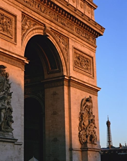 Eiffel Tower At Dusk Prints: The Arc de Triomphe at dusk, with the Eiffel Tower behind, Paris, France, Europe