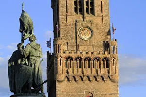 Arms, Kingdom of Belgium, Belfry of Bruges, viewed from the Grand Place, Bruges, Belgium Arms, Kingdom of Belgium, Belfry of Bruges, viewed from the Grand Place, Bruges, Belgium