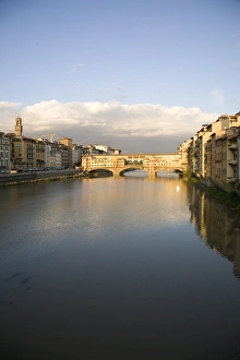 European Cityscape At Sunset Prints: The Arno River and Ponte Vecchio at sunset, Florence, Tuscany, Italy, Europe