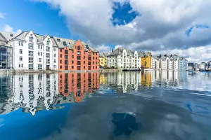 Art Nouveau styled houses mirrored in Brosundet canal, Alesund, More og Romsdal county