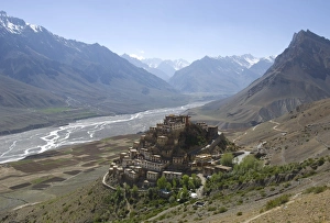 Buddhist Monasteries In India Prints: Backlit view of Kee Gompa monastery complex from above