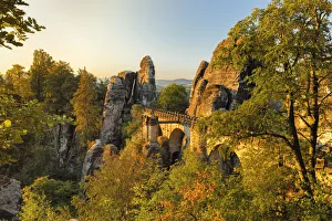 Bastei Bridge at sunrise, Elbsandstein Mountains, Saxony Switzerland National Park Bastei Bridge at sunrise, Elbsandstein Mountains, Saxony Switzerland National Park