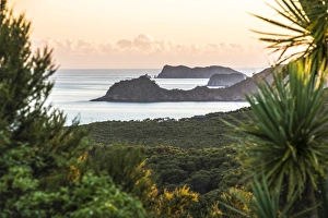 Bay of Islands coastline at sunrise, seen from Russell, Northland Region, North Island Bay of Islands coastline at sunrise, seen from Russell, Northland Region, North Island