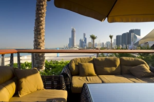 UAE Travel Destination Prints: Beach and cafe, Corniche, Abu Dhabi, United Arab Emirates, Middle East