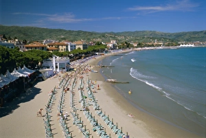 Italian Riviera Views Prints: Beach front and town view