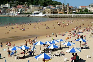 Prints of Beach and town view, San Sebastian, Basque country, Euskadi, Spain, Europe Spain Prints: San Sebastian Beach and Town View Print, Spain