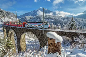 Bernina Express passes through the snowy woods around Filisur, Canton of Grisons (Graubunden) Bernina Express passes through the snowy woods around Filisur, Canton of Grisons (Graubunden)