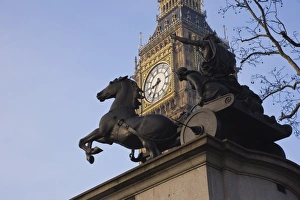 European Landmarks UK Prints: Big Ben seen through the statue of Boudica (Boadicea), Westminster, London