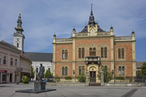 Bishops Palace, Zmaj statue and Orthodox Cathedral, Novi Sad, Vojvodina, Serbia, Europe Bishops Palace, Zmaj statue and Orthodox Cathedral, Novi Sad, Vojvodina, Serbia, Europe