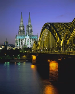 Cathedral Prints: Rhine River Bridge Print, Cologne Cathedral