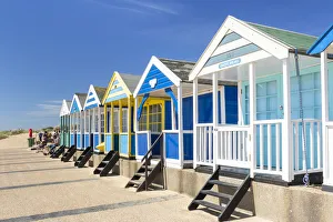 Brightly painted beach huts, Southwold Beach, North Parade, Southwold, Suffolk, East Brightly painted beach huts, Southwold Beach, North Parade, Southwold, Suffolk, East