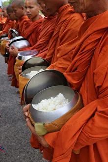 Buddhist monks on morning alms round in Western Cambodia, Indochina, Southeast Asia, Asia Buddhist monks on morning alms round in Western Cambodia, Indochina, Southeast Asia, Asia