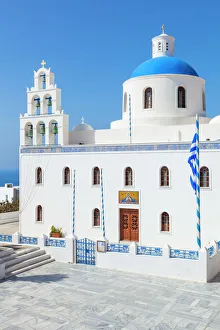 Bue dome and bell tower of Greek church Panagia Platsani, Oia, Santorini (Thira), Cyclades Islands, Greek Islands Bue dome and bell tower of Greek church Panagia Platsani, Oia, Santorini (Thira), Cyclades Islands, Greek Islands