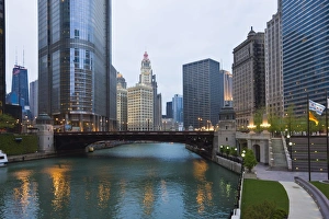 Buildings along Wacker Drive and the Chicago River, Trump Tower centre left Buildings along Wacker Drive and the Chicago River, Trump Tower centre left