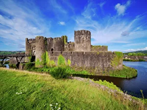 Castle Architecture UK Prints: Caerphilly Castle and Moat, Caerphilly, Gwent, Wales, United Kingdom, Europe