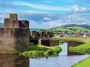 Caerphilly Castle History Prints: Caerphilly Castle and Moat, Caerphilly, Gwent, Wales, United Kingdom, Europe