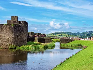 Castle Architecture Europe Prints: Caerphilly Castle and Moat, Caerphilly, Gwent, Wales, United Kingdom, Europe