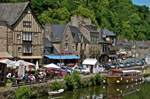 Cafes and restaurants, Dinan harbour beside the Rance River, Dinan, Brittany, France, Europe Cafes and restaurants, Dinan harbour beside the Rance River, Dinan, Brittany, France, Europe