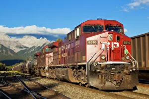 Canadian Pacific freight train locomotive at Banff station, Banff National Park, Canadian Rockies, Alberta, Canada Canadian Pacific freight train locomotive at Banff station, Banff National Park, Canadian Rockies, Alberta, Canada