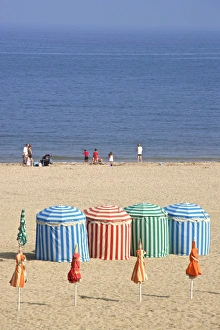 Canvass beach cabins, beach and sea, Trouville sur Mer, Normandy, France, Europe Canvass beach cabins, beach and sea, Trouville sur Mer, Normandy, France, Europe